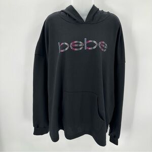BEBE SPORT Hoodie Womens 3X Plus Black Bejeweled Logo Pullover Top Sweatshirt